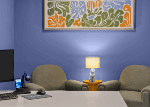 A therapists office with two comfortable chairs for patients