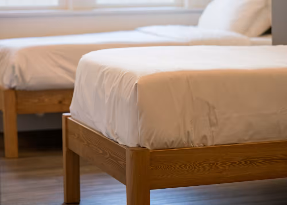 A closeup of the modern beds at Radar Recovery Center