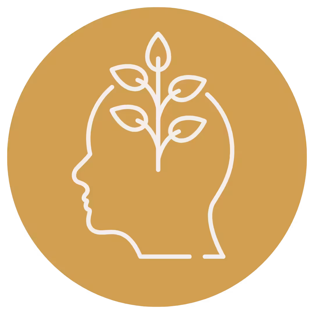 White line drawing of a human head in profile with a plant sprouting from the brain area, inside a brown circle—symbolizing mental growth or mindfulness
